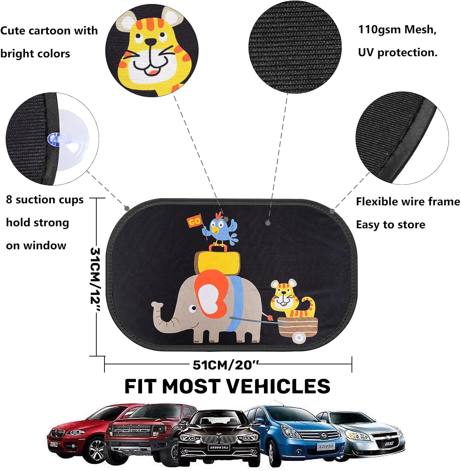 Thumbnail 1 de iZoeL Car Sun Shade for Baby & Kids (2 pcs) with Static Cling, 8 Suction Cups and Storage Bag