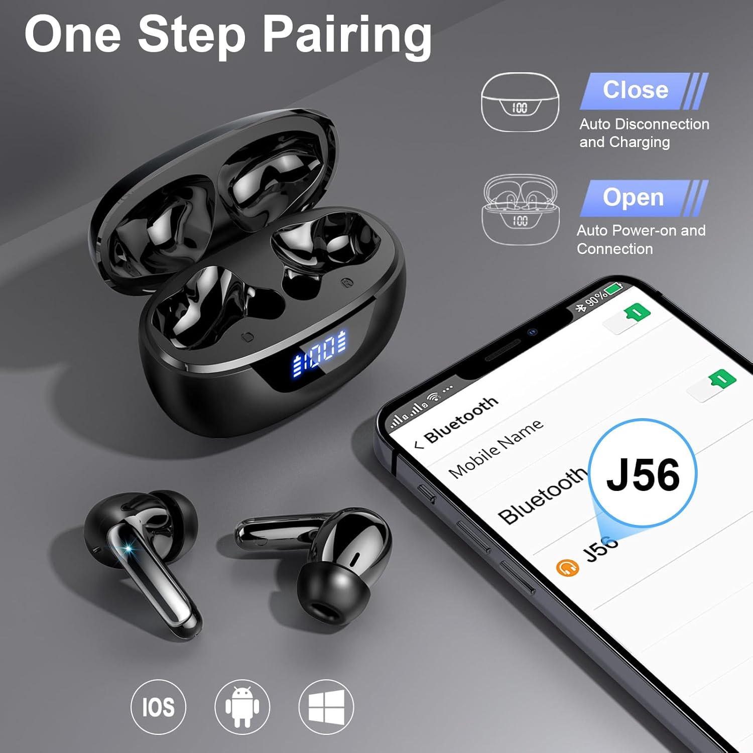 Thumbnail 4 de Motost Bluetooth Kopfhörer In Ear – Kabellos, 5.3 Bluetooth, ENC Mikrofon, IP7, LED-Anzeige, USB-C, Schwarz