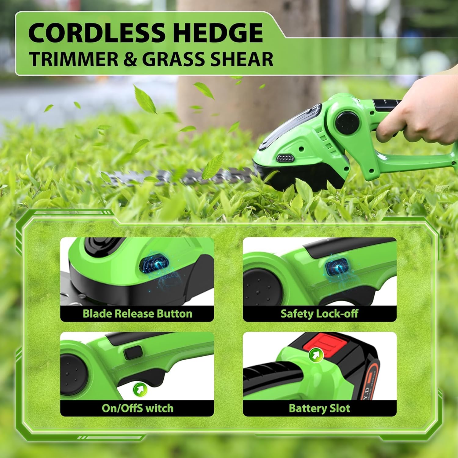 Thumbnail 5 de Cordless Hedge Trimmer 24V: 2-in-1 Grass Shear and Hedge Cutter, Portable Battery-Powered Garden Tool