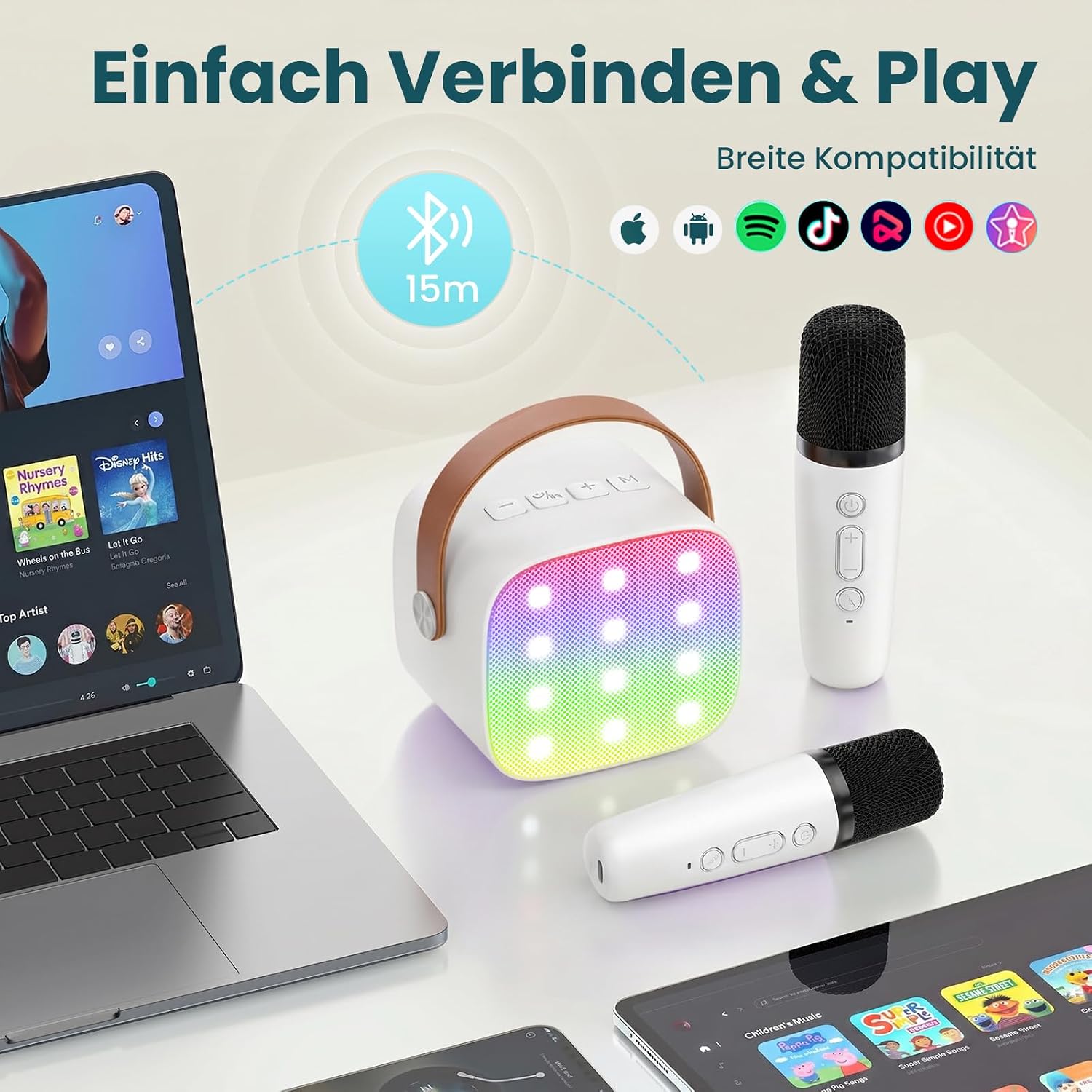 Detalle de Kinder Karaoke Maschine mit Bluetooth-Lautsprecher, 2 Mikrofone, LED-Lichteffekte – Tragbare Karaoke-Box (Weiß)