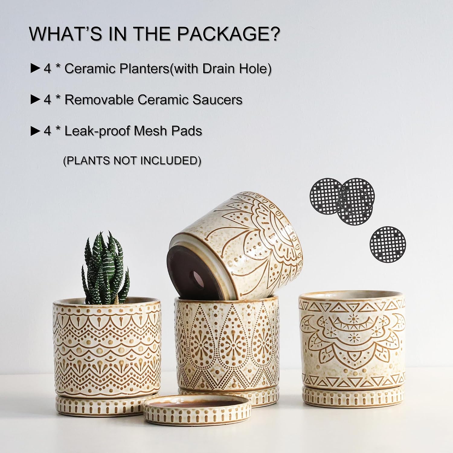 Detalle de Gepege 4-Inch Ceramic Succulent Pots, Set of 4 with Drainage Holes and Saucers