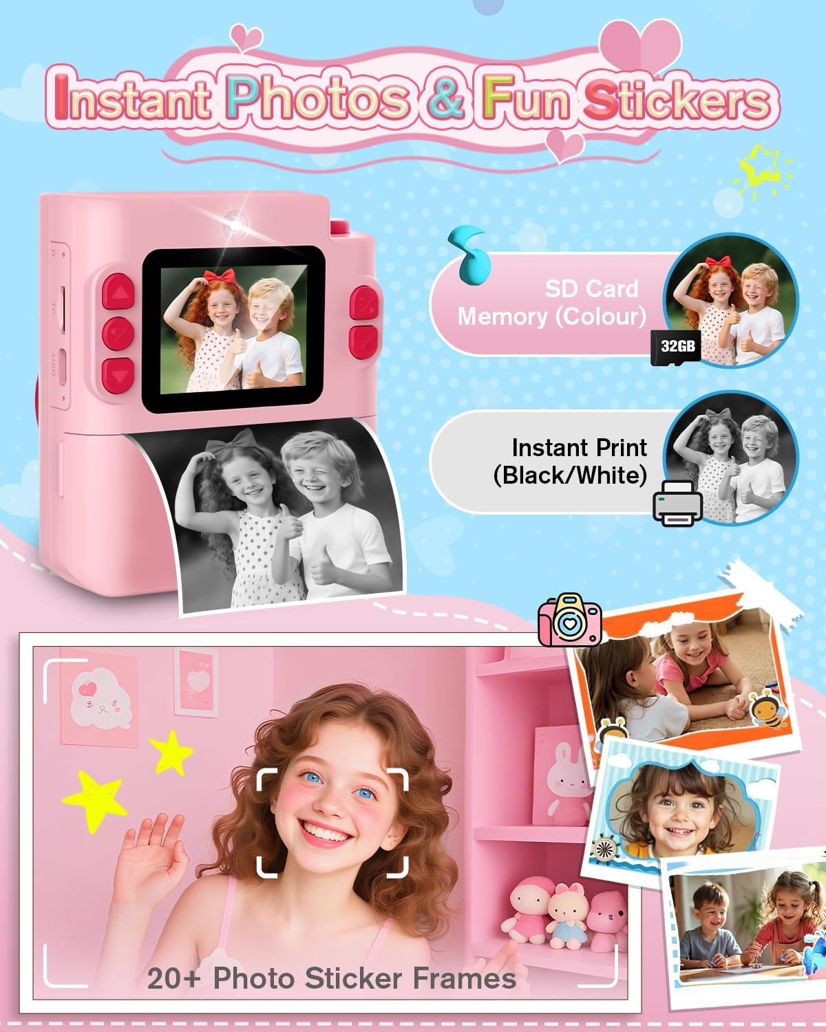 Thumbnail 3 de MYSTILUCK Appareil photo instantané pour enfants 1080P avec carte 32 Go et papier d’impression