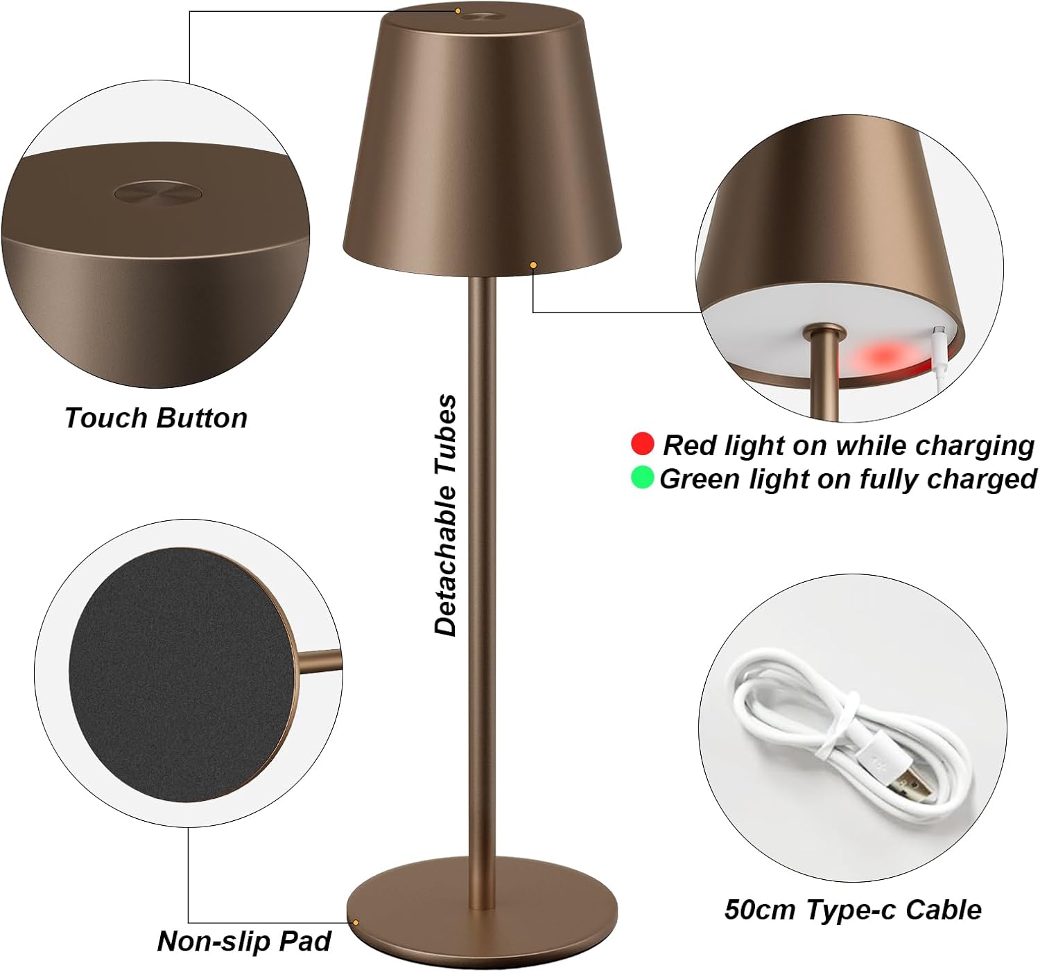 Detalle de Kakanuo Brown Cordless Table Lamps, 2-Pack, Rechargeable with Touch Dimming