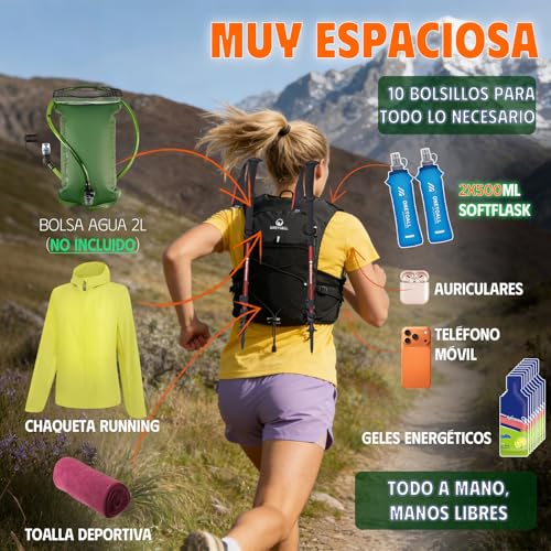 Detalle de ONETOALL Chaleco Running con Luz LED y 2 Botellas 500 ml – Hidratación y seguridad para trail