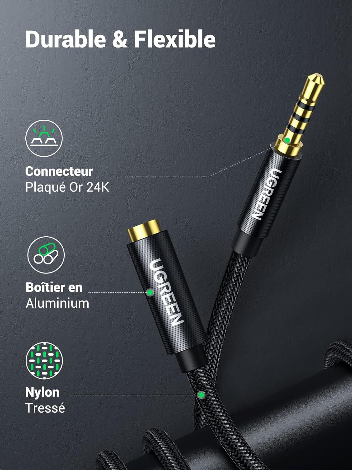 Detalle de UGREEN Rallonge Jack Audio 3.5 mm TRRS 4 Pôles – 2M, Nylon Tressé, Mic + Audio