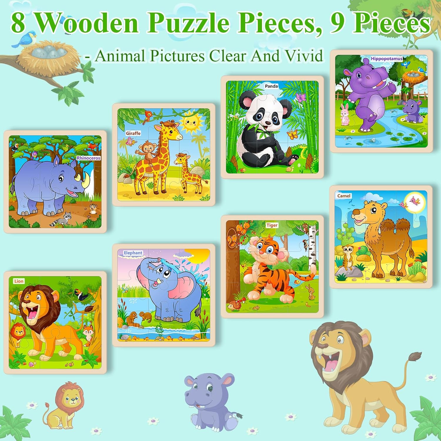 Detalle de WaaLod Wooden Animal Jigsaw Puzzles, 8-Pack of 9-Piece Preschool Puzzles
