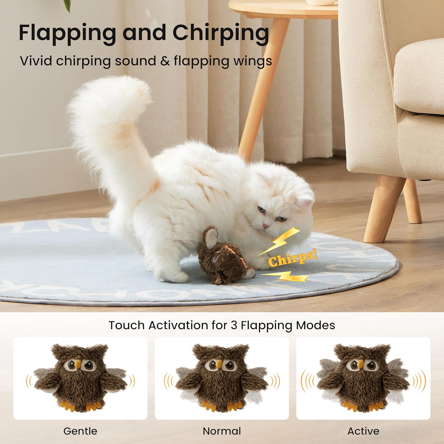 Detalle 2 de ZOMISIA Interactive Cat Toys – Flapping Bird & Owl Kitten Toy with Catnip Bag (Rechargeable, Touch Activated) – No Flying, Brown