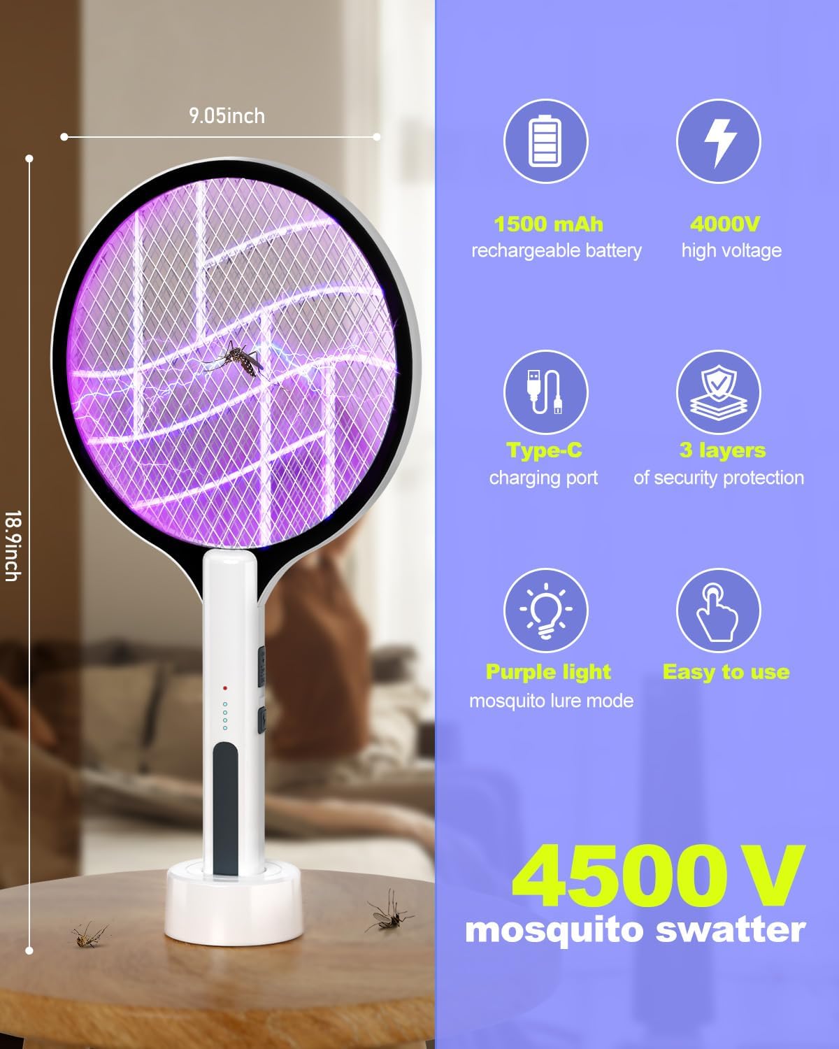 Detalle 2 de DEEZEE 2-Pack Electric Fly Swatter 4500V Bug Zapper Racket: 2-in-1, Rechargeable, Indoor/Outdoor