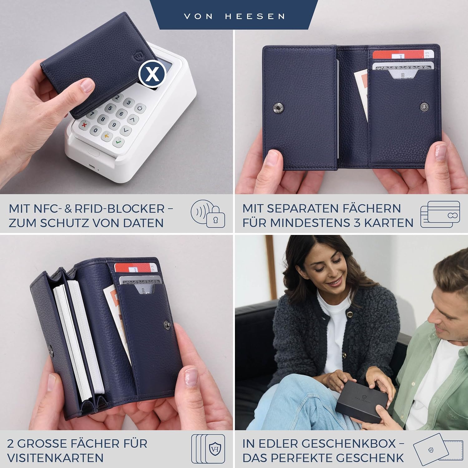 Detalle 2 de VON HEESEN Visitenkartenetui Leder mit RFID-Schutz – 50 Karten, 6 Fächer, Dunkelblau