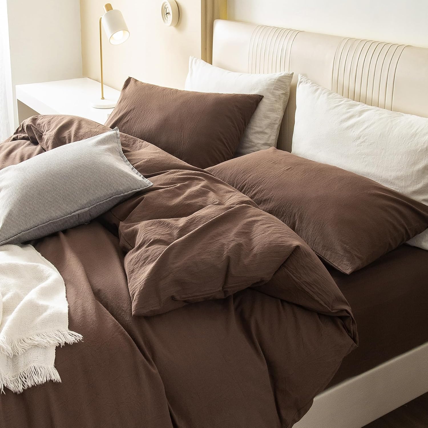 Detalle de JIYUAN Queen Washed Cotton Duvet Cover Set, 3-Piece with Hidden Zipper and 8 Corner Ties