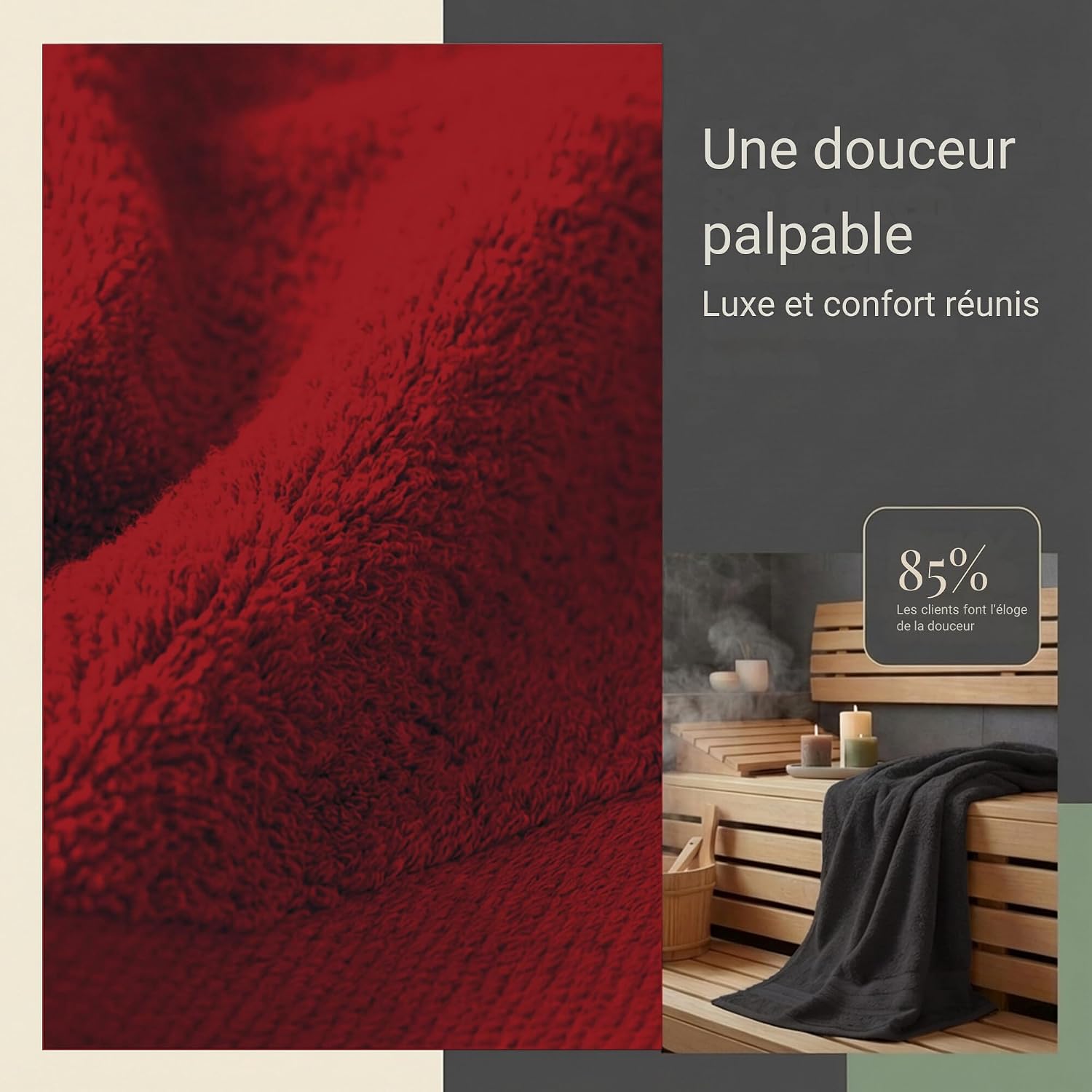 Detalle de Komfortec Lot de 2 Serviettes de Sauna 80 x 200 cm – 100% Coton XXL Noir/Rouge