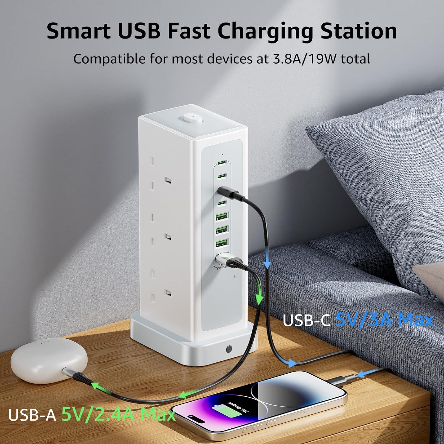 Thumbnail 2 de Tower Extension Lead with USB Slots 6 Way 13A 3250W