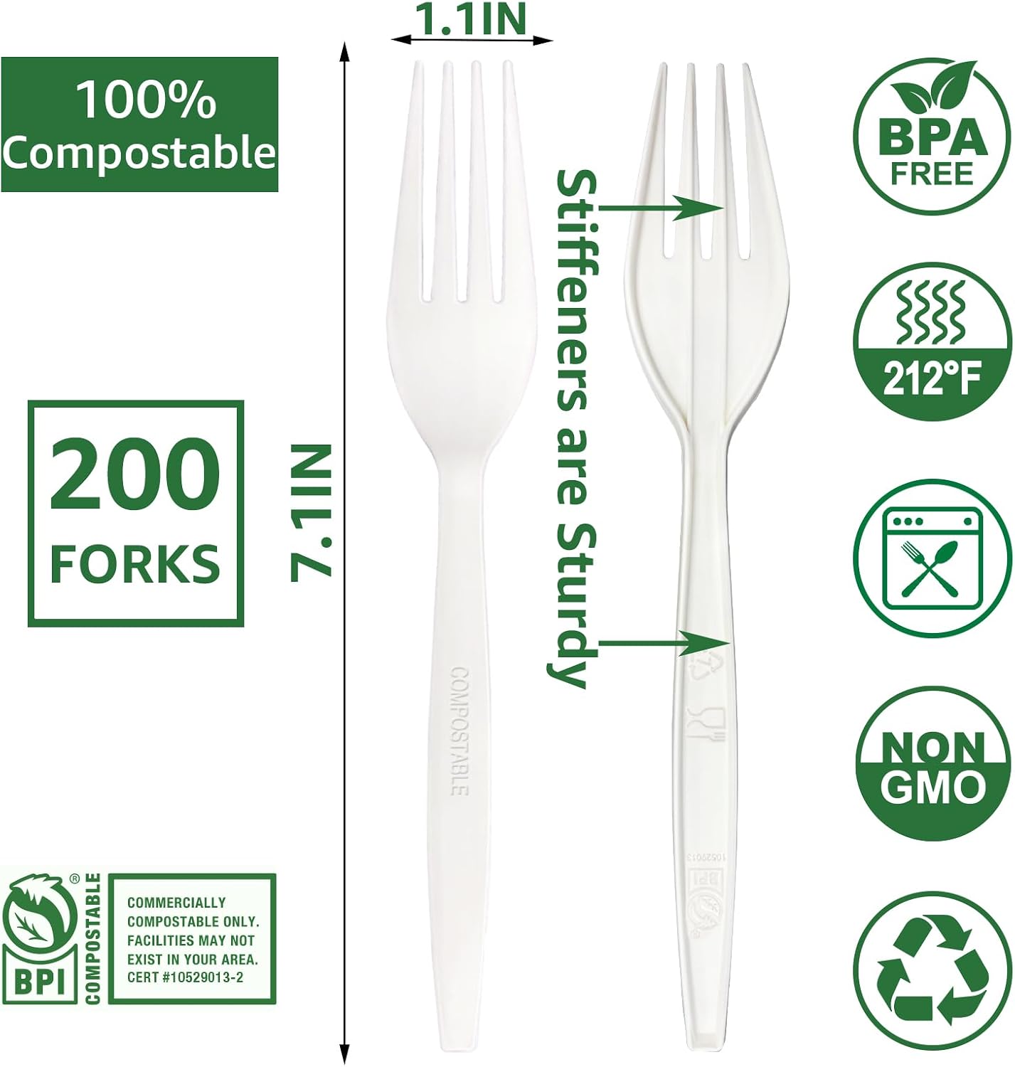 Detalle de MISISIPI FORKS-200 Compostable Forks, 200 Count, Plant-Based PLA