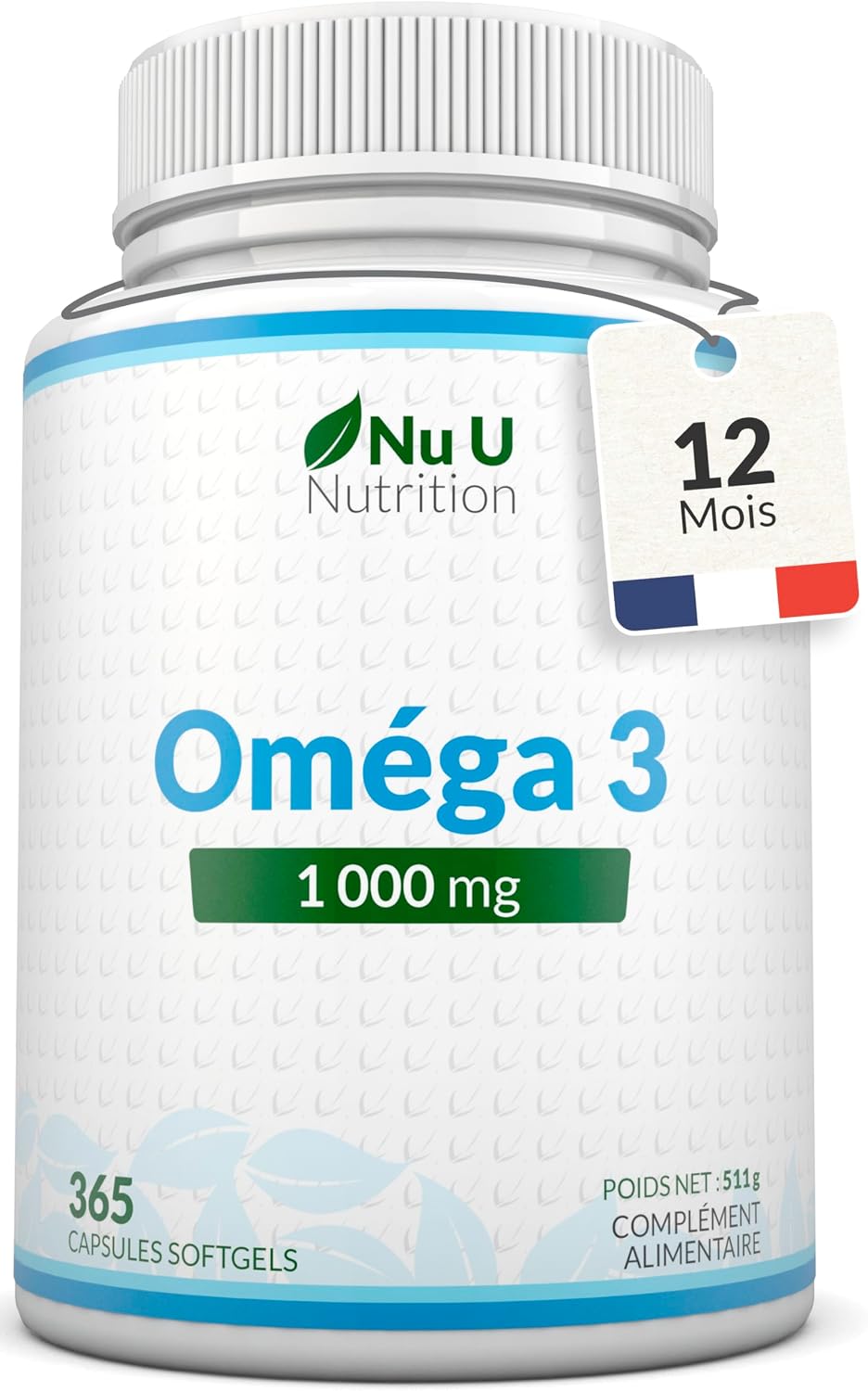 Detalle de Omega 3 Fish Oil 1000 mg - Nu U Nutrition, 365 gélules: vitamine essentielle pour cœur, vision et cerveau
