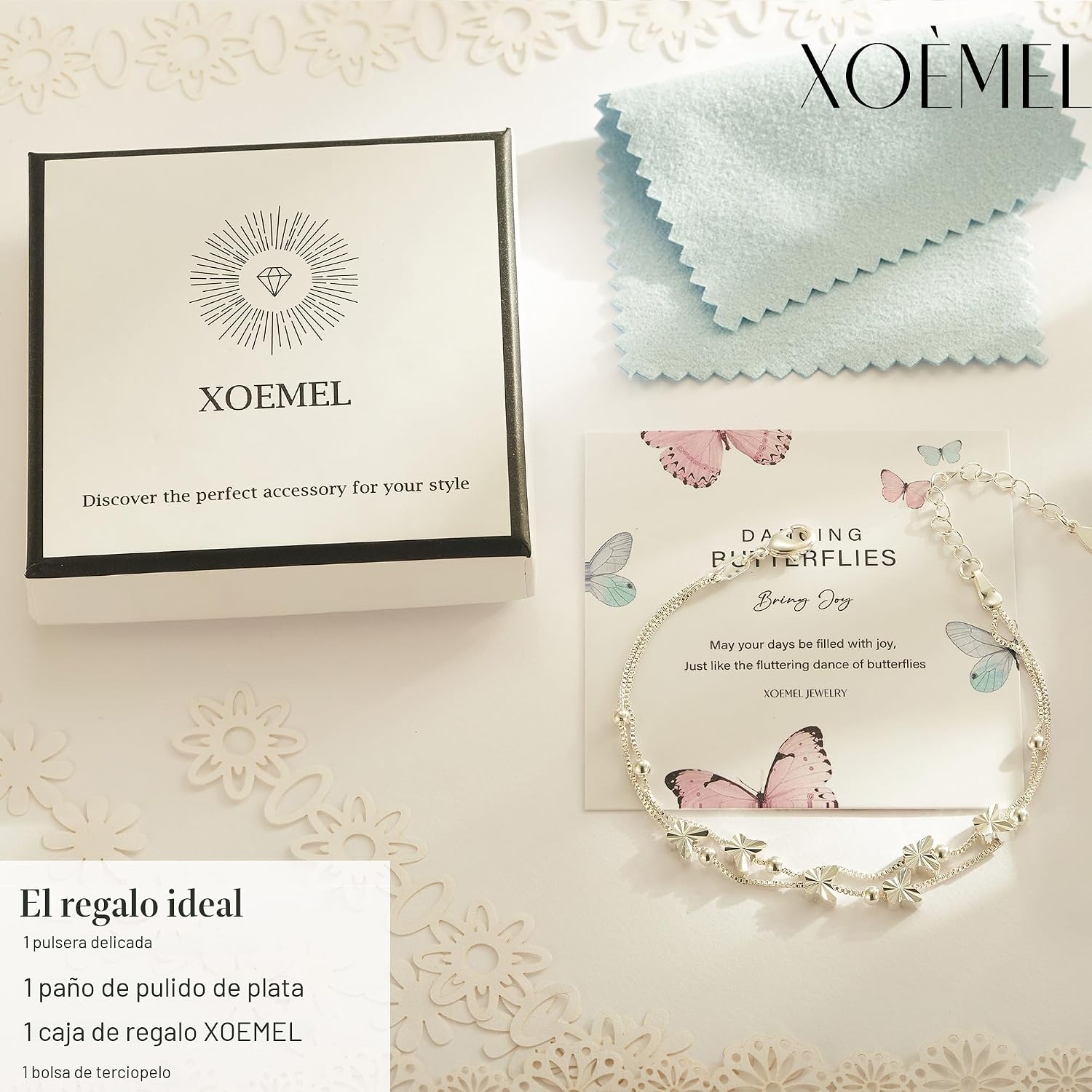 Detalle 2 de XOEMEL Pulsera de plata 925 con mariposas y acabado en oro rosa para mujer