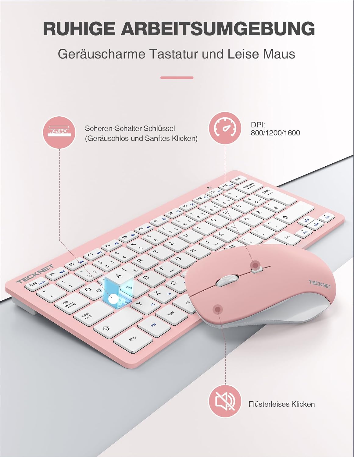 Detalle de TECKNET Kabelloses Tastatur- und Maus-Set Rosa – Deutsch QWERTZ, 2,4 GHz, 15 m Reichweite
