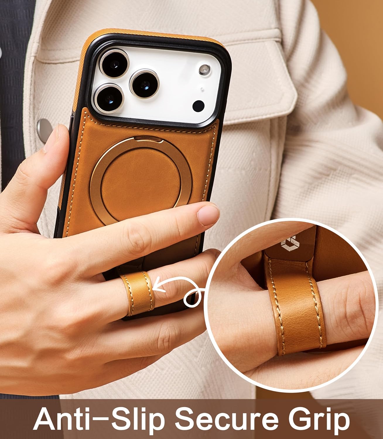Detalle de BUTAIGA iPhone 17 Pro Max Leather Case with Stand