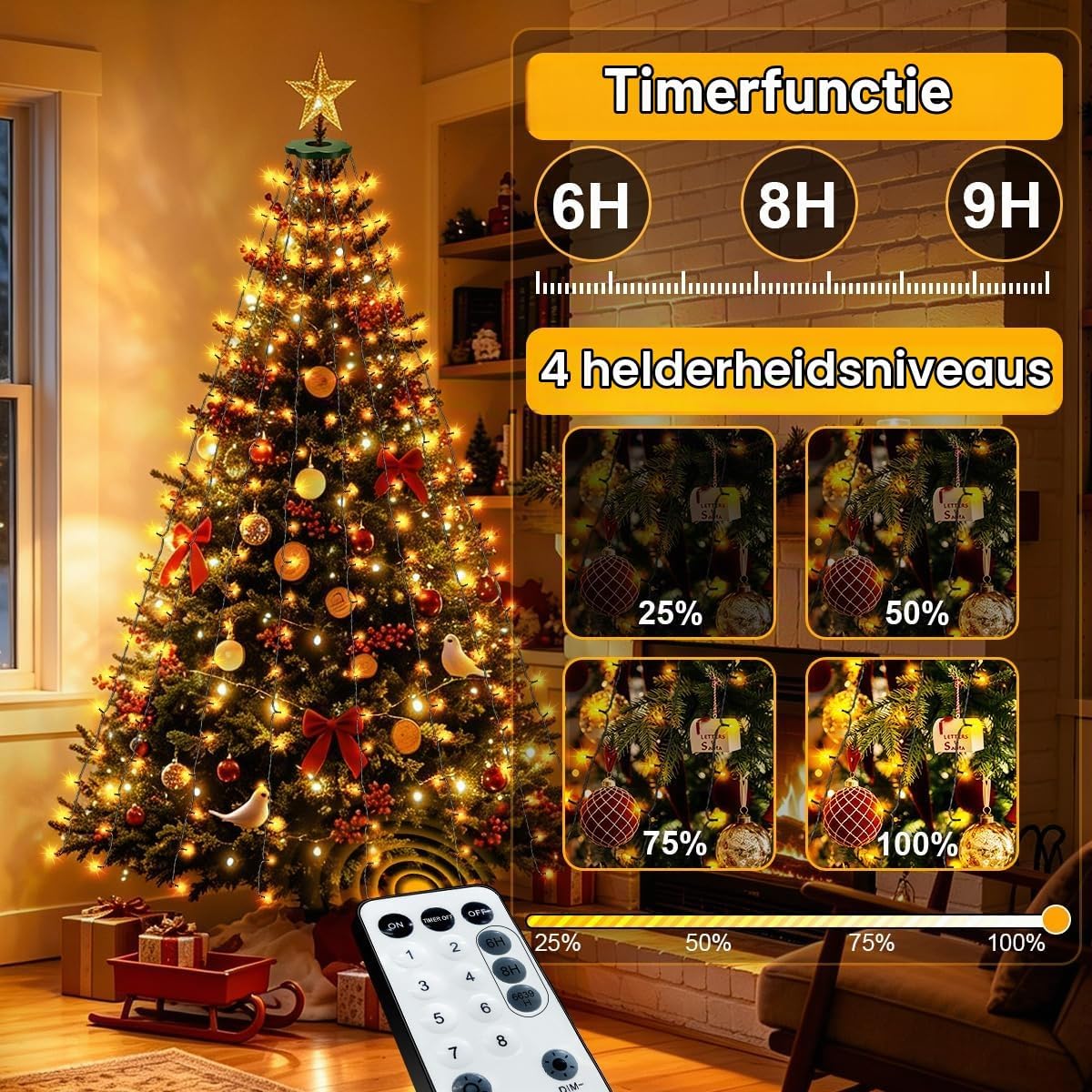 Detalle de ARKOCHIC DRCR100 kerstboomverlichting met 240 warmwitte leds en bevestigingsring