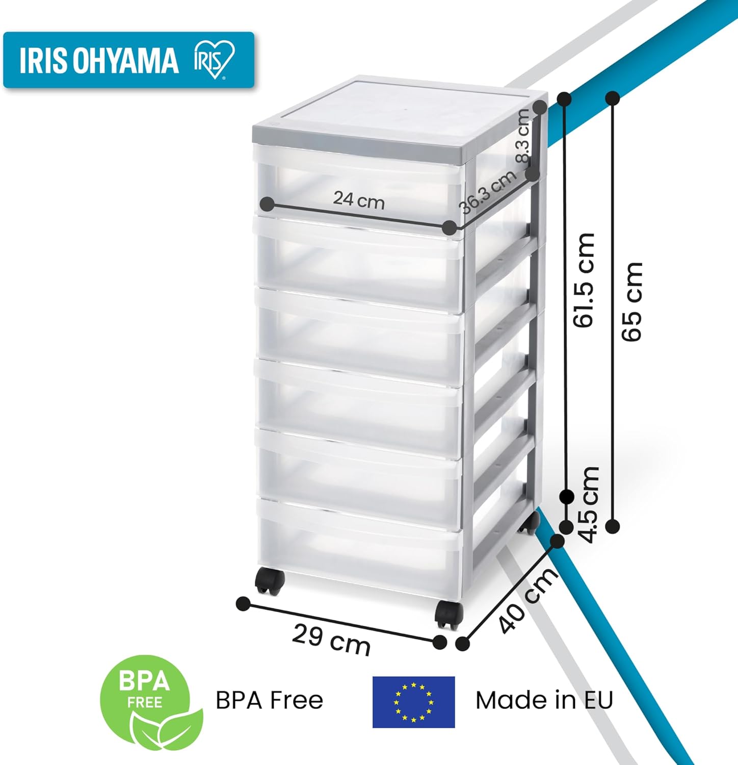 Detalle de Iris Ohyama Cassettiera in Plastica con ruote DC-360, 6 Cassetti piccoli Grigio