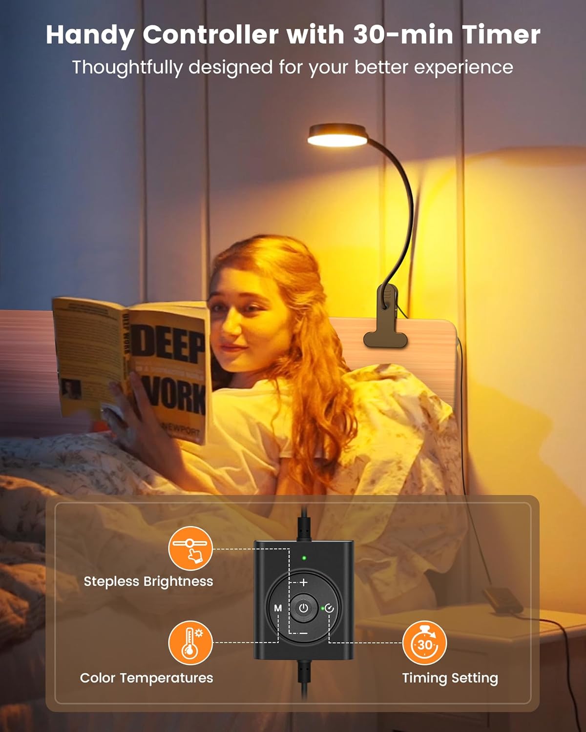 Detalle de Glocusent 5W Clip-On Reading Light, 3 Color Modes, 5 Brightness Levels