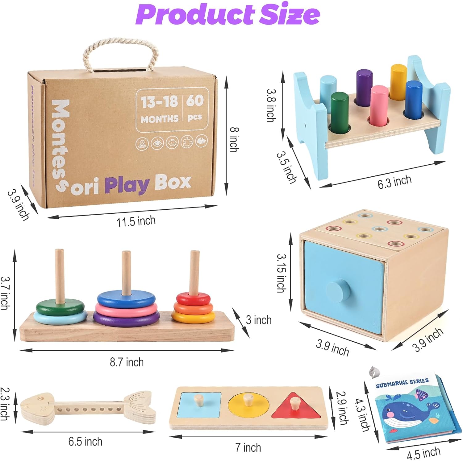 Thumbnail 1 de Wooderma 6-in-1 Montessori Toddler Sensory Toys: Wooden Stacking, Sorting & Plugging for 1+ Year Olds