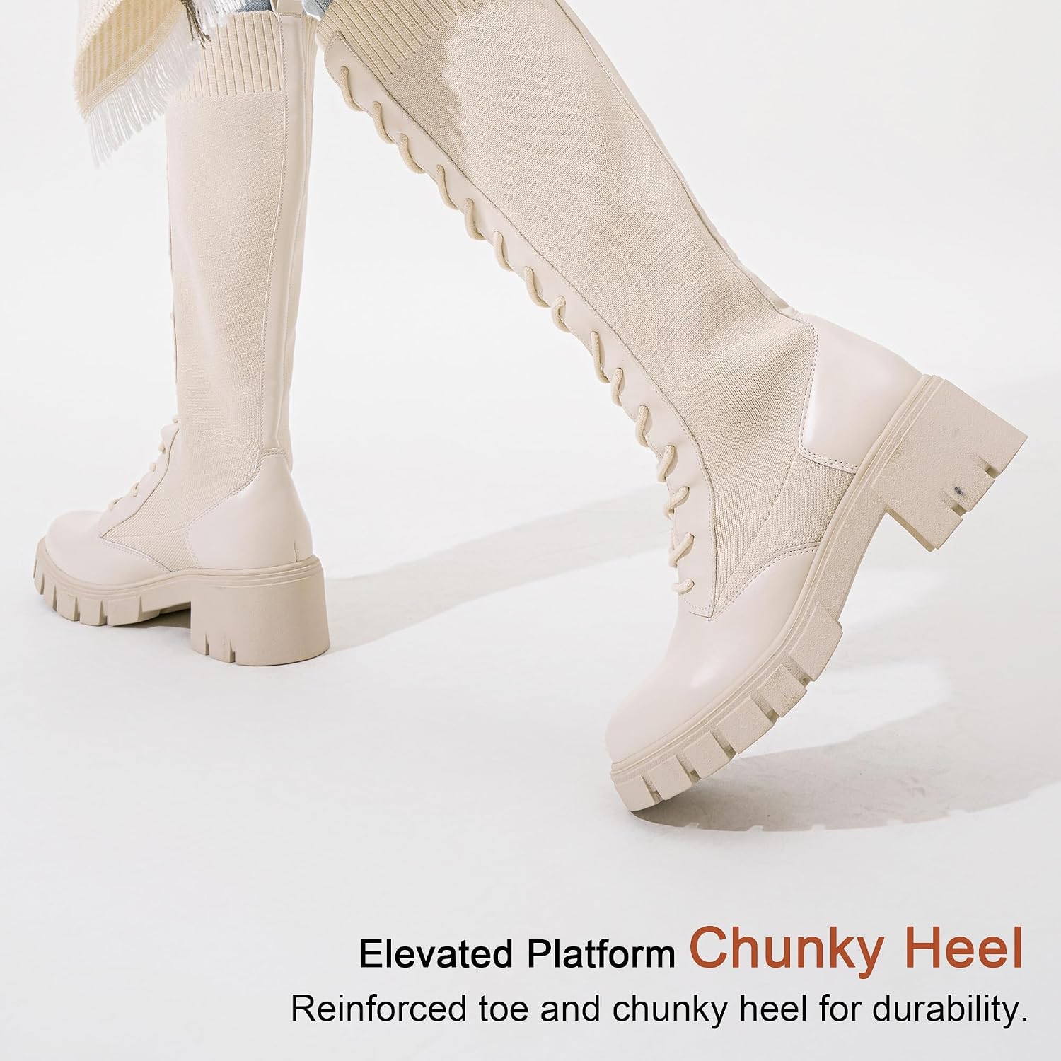 Detalle de Vepose CJY953 Women's Knee-High Combat Boots with Lace-Up Front and Chunky Platform