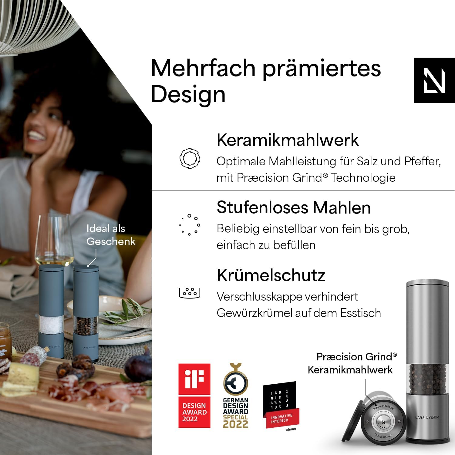 Thumbnail 1 de LARS NYSØM Salz- und Pfeffermühle Set „Lagom“ manuell (2 Stück) mit Keramikmahlwerk aus Edelstahl