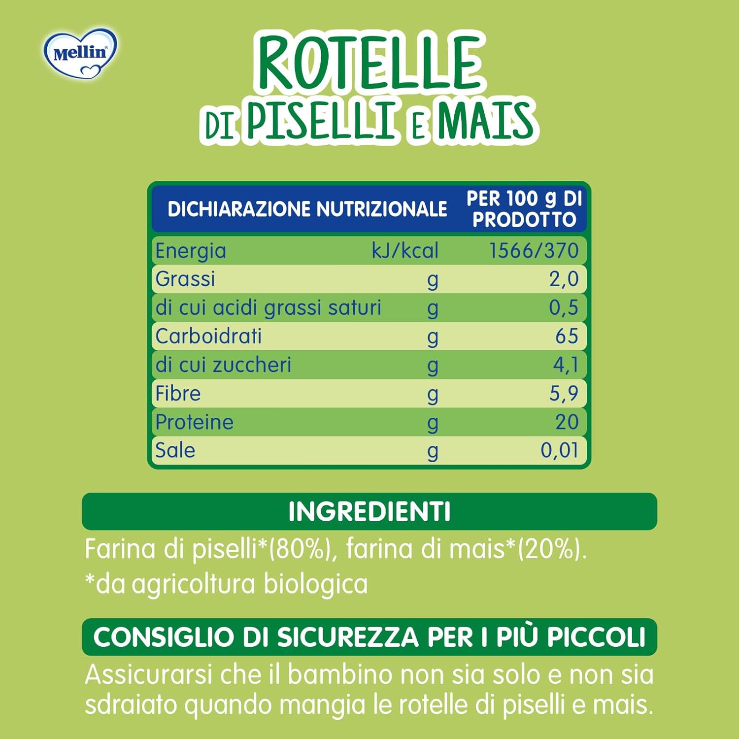 Detalle 2 de Mellin Rotelle di Piselli e Mais 120 g 🍪