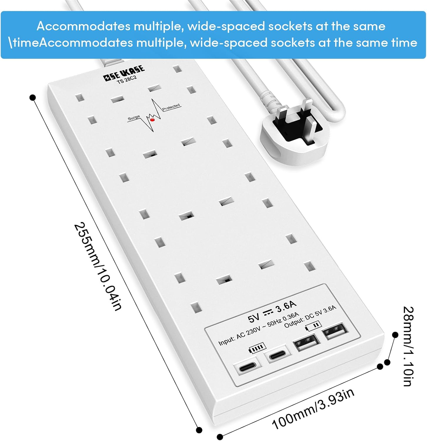 Thumbnail 5 de USB Extension Lead with 8-way Socket Surge Protection and 2m Cable (4× USB: 2C+2A)