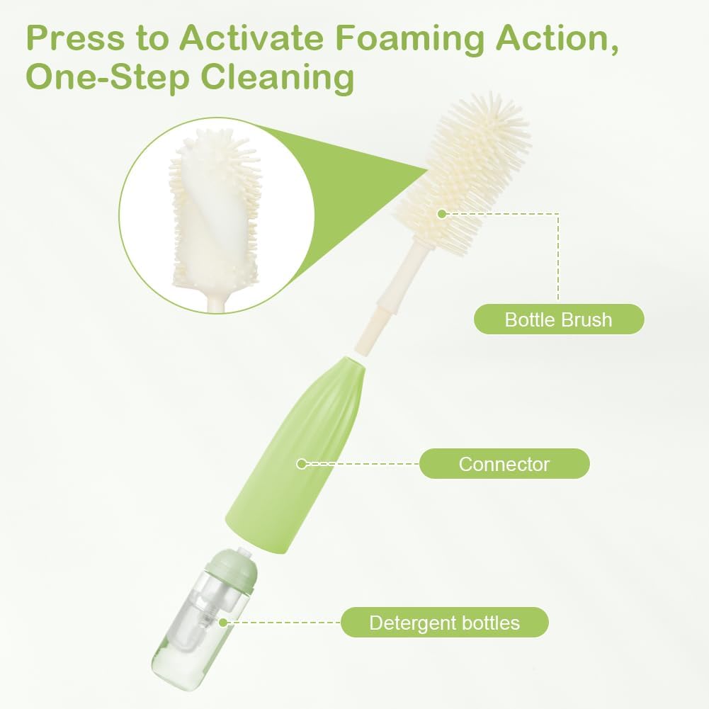 Detalle de Vicloon Press-to-Foam Baby Bottle Brush Set: 3‑in‑1 Silicone Cleaning for Bottles, Nipples and Straws