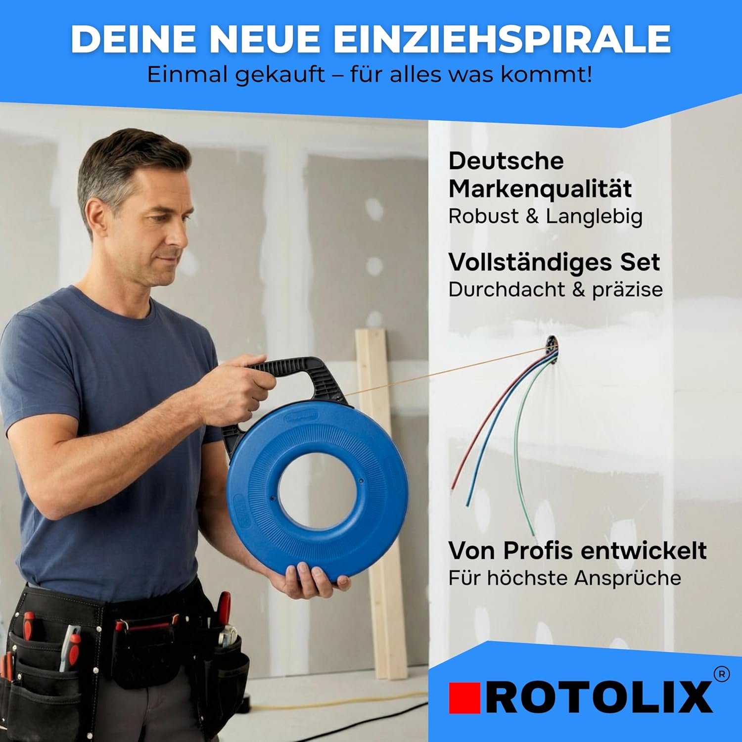 Thumbnail 3 de ROTOLIX Kabeleinziehhilfe Einziehspirale 30 m mit Premium-Stahlseil (200 kg Zugkraft)