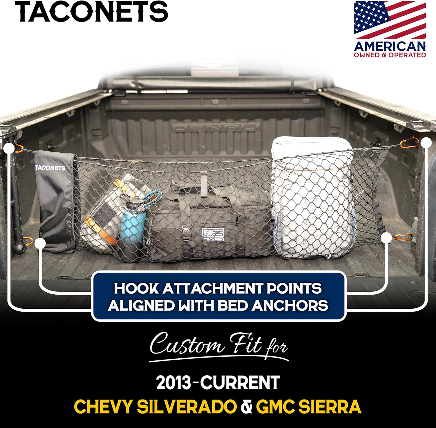 Detalle de TacoNets Envelope Cargo Net for GMC Sierra & Chevy Silverado (2013–Current) – Upgraded 5mm Bungee, Integrated Storage Bag, Heavy-Duty Carabiners