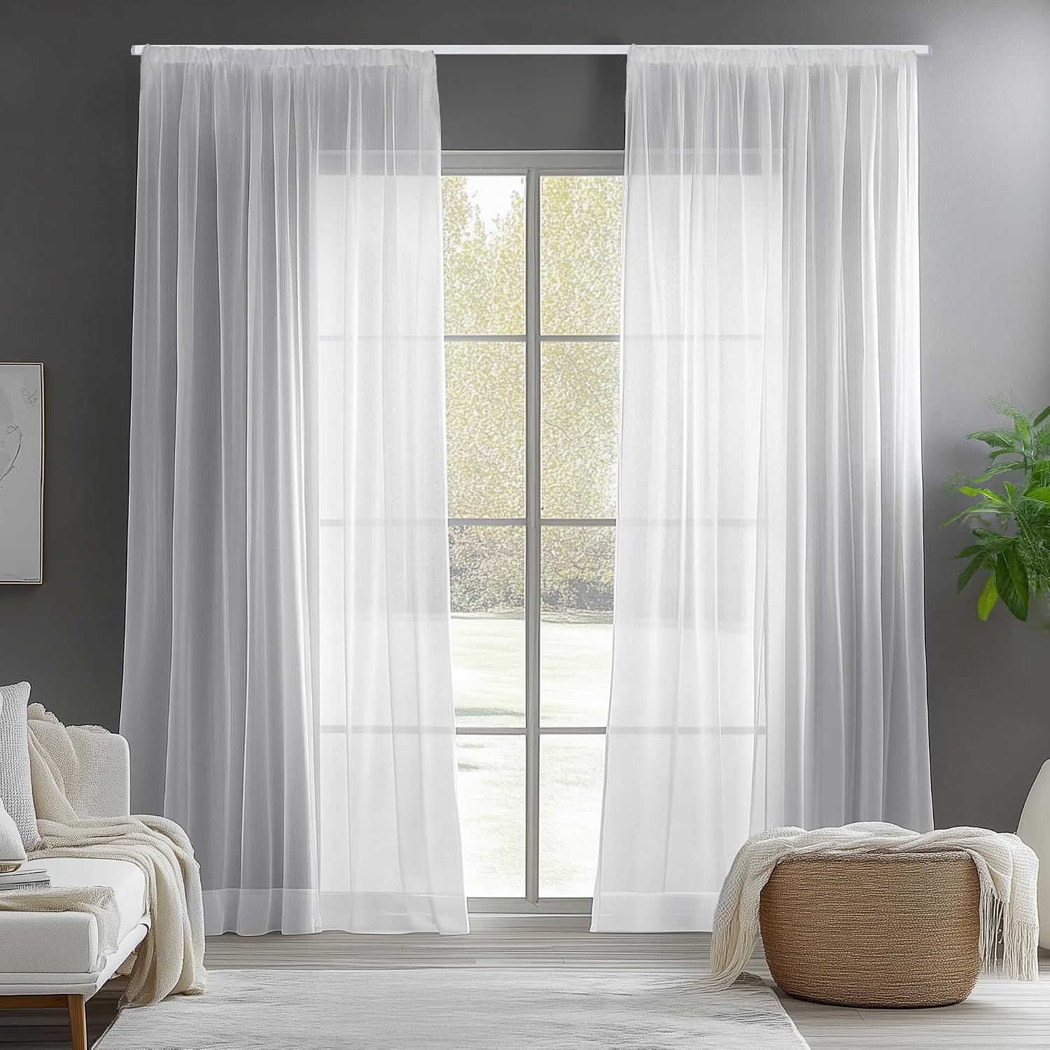 Detalle de Deconovo DECT0151K2X-3D voilegordijnen, set van 2, wit polyester
