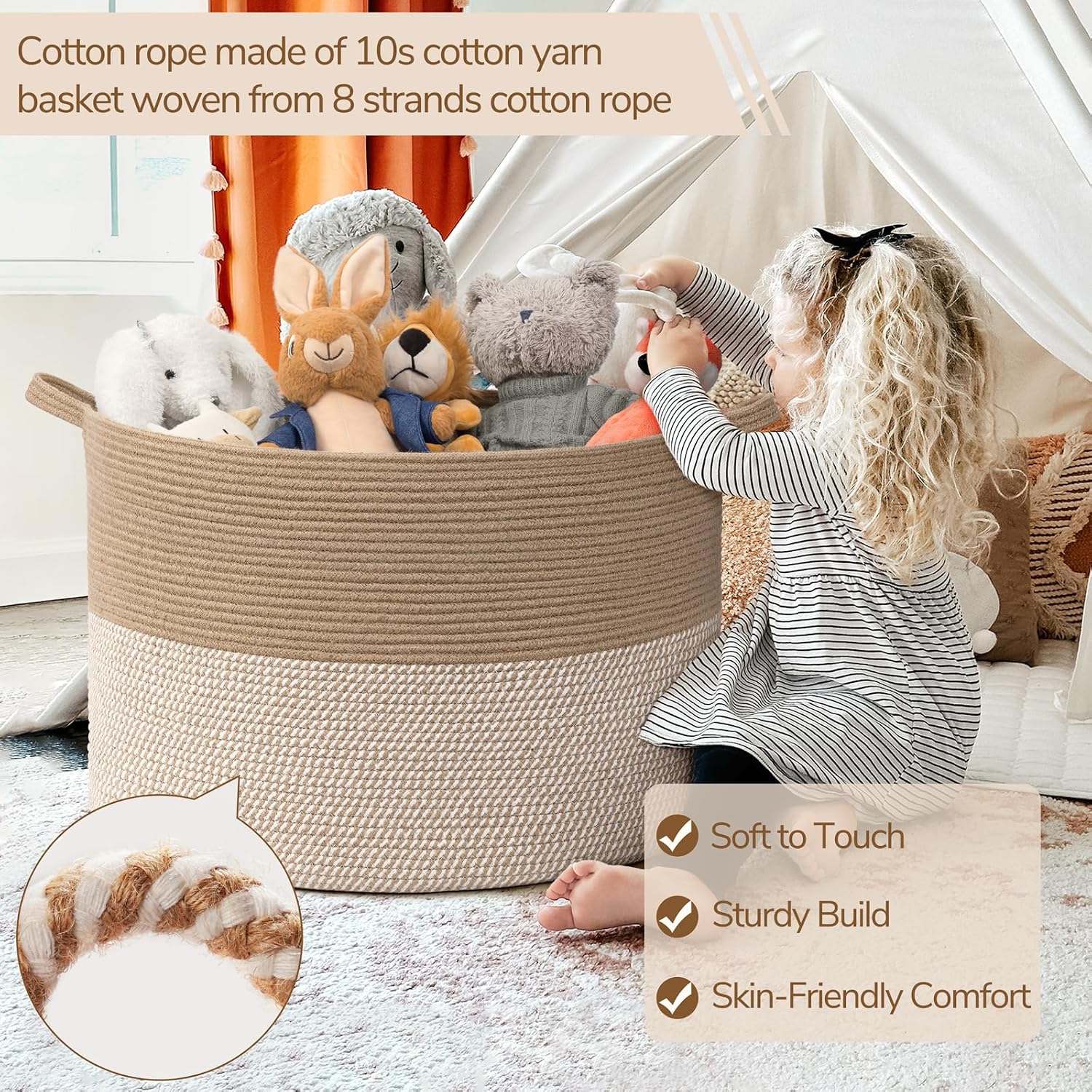 Thumbnail 2 de INDRESSME 115L Extra-Large Woven Storage Basket, White & Jute, Collapsible
