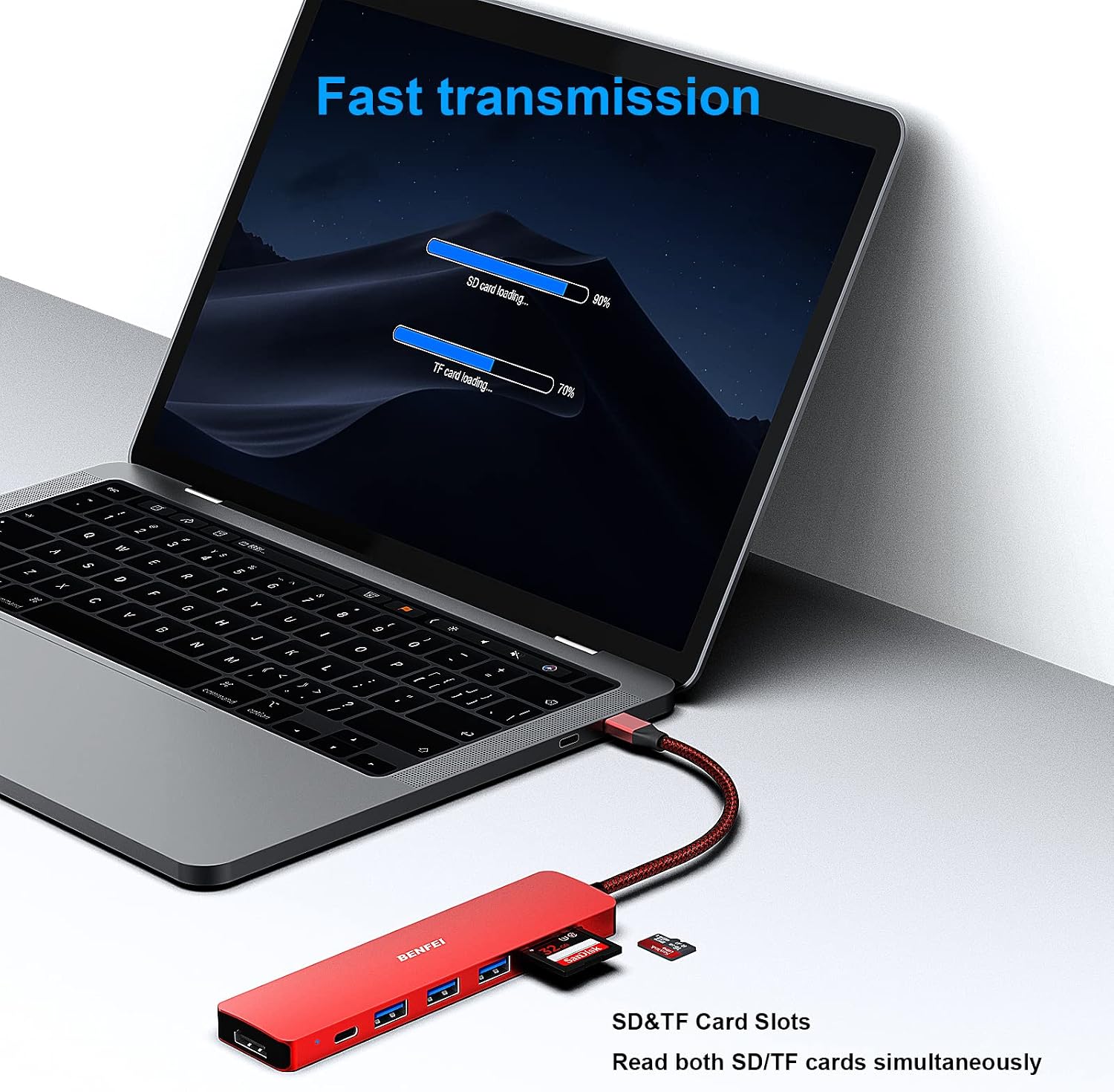 Detalle de BENFEI USB C HUB 7-in-1: Multiport Adapter with HDMI 4K, PD 100W and SD/TF Card Readers