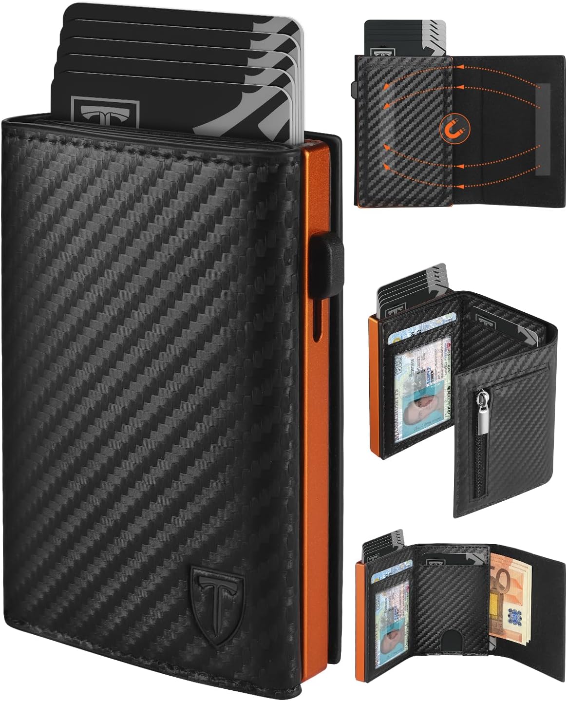 Portefeuille Homme en Fibre de Carbone TEEHON – RFID Bloqué, Blocage Magnétique, Porte-Cartes et Billets Noir/Orange