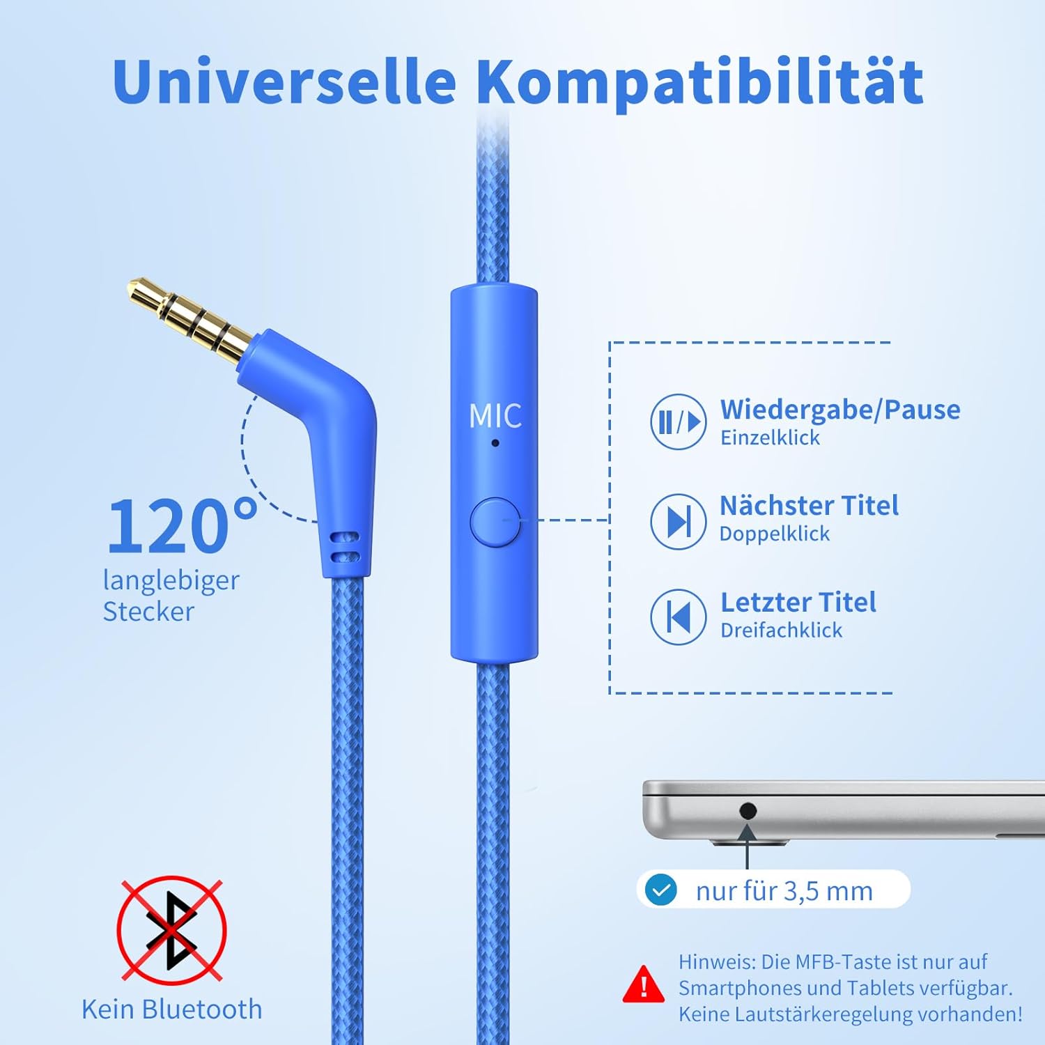 Detalle de Kopfhörer mit Kabel und Mikrofon, Over-Ear, 3,5 mm – faltbar, 1,5 m Nylonkabel, kompatibel mit Tablet/Laptop/MP3/MP4