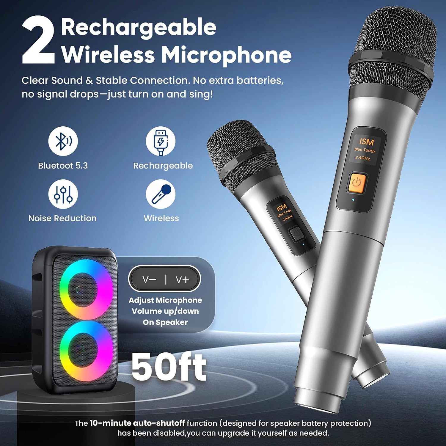 Detalle 2 de Peski Karaoke Machine for Adults & Kids — 15W Portable Bluetooth PA System with 2 Mics, TWS, LED Lights, 10H Battery