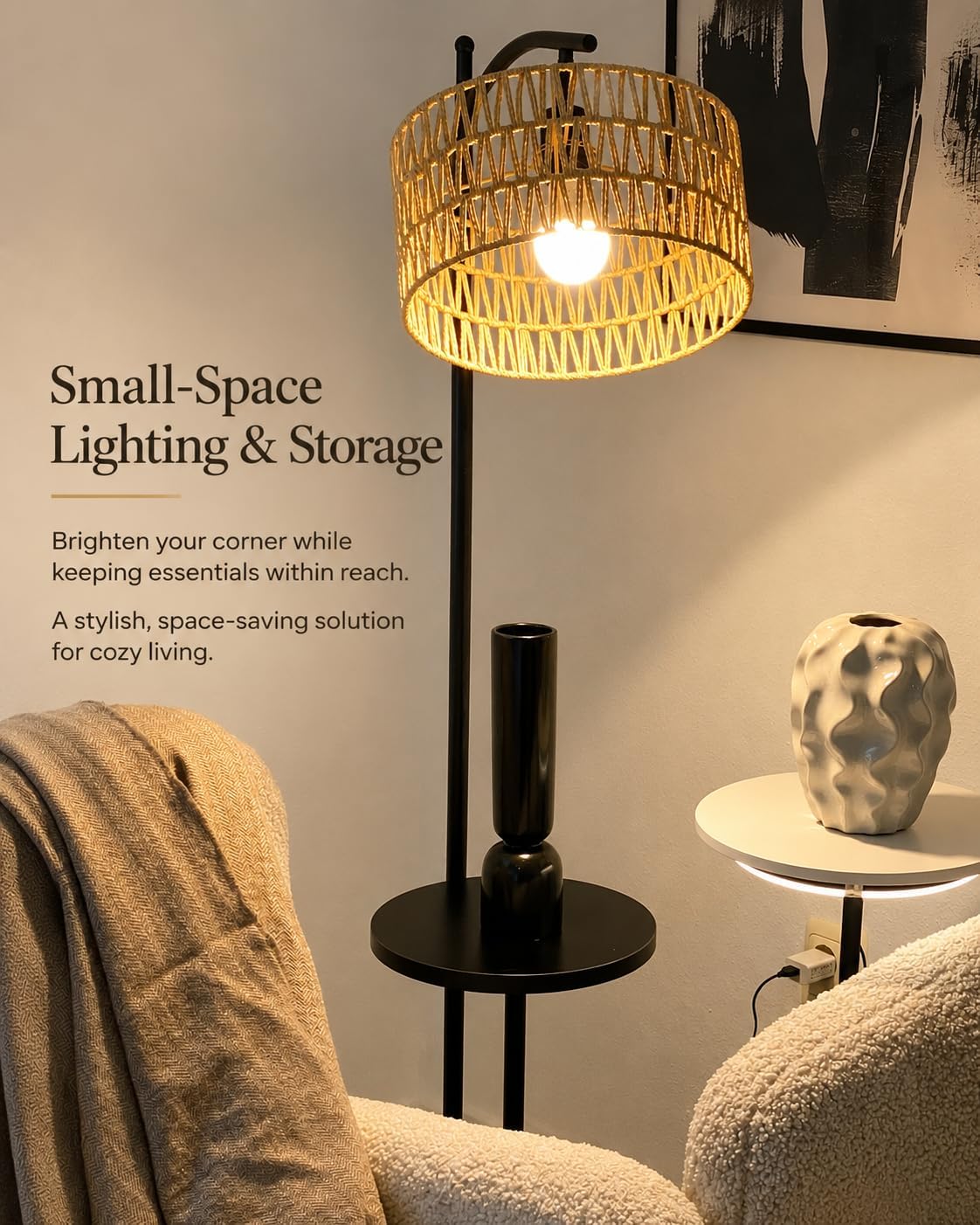 Thumbnail 6 de LuminexDesigns Stehlampe Wohnzimmer Vintage Rattan – Höhenverstellbar, E27, Ablage, Fußschalter, Schwarz-Beige
