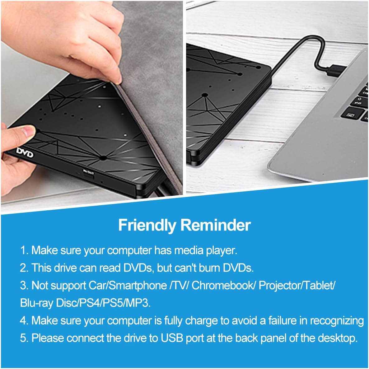 Thumbnail 6 de LMEN Externes CD/DVD-Laufwerk USB 3.0 – Tragbares CD-ROM/DVD-Laufwerk für Laptop & PC