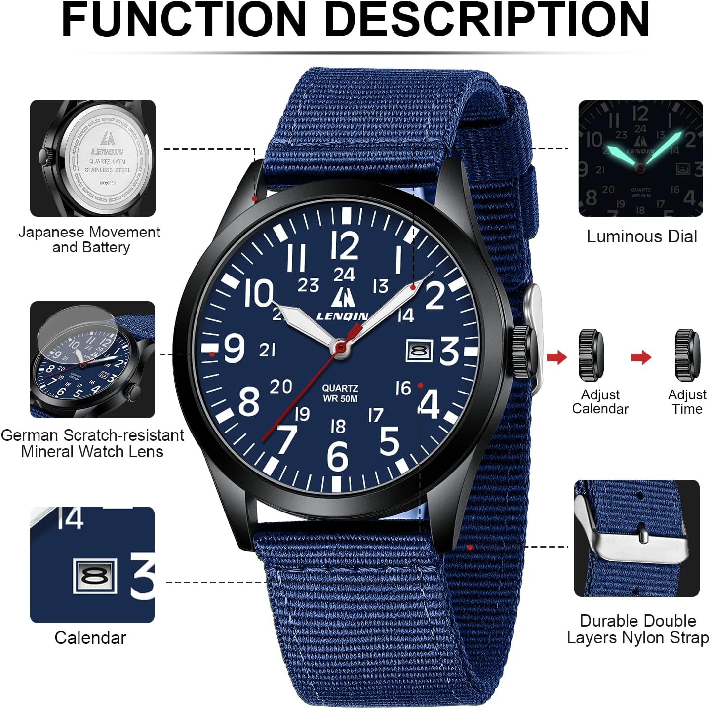 Thumbnail 6 de LN LENQIN 42 mm Militäruhr 30M wasserdicht