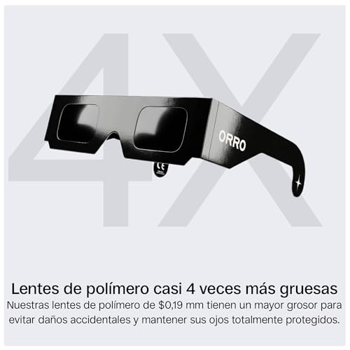Detalle 2 de ORRO Gafas para Eclipse Solar 37 mm — Pack 2/6/12/50, negras, certificadas EN ISO 12312-2:2015 y CE
