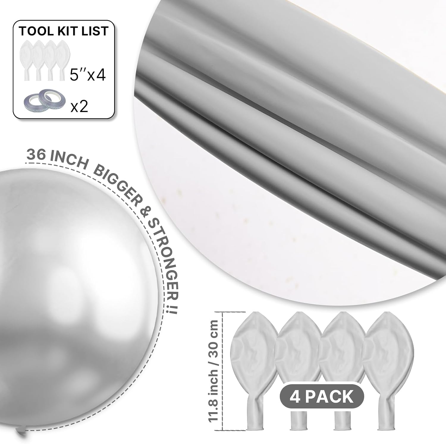 Thumbnail 5 de PartyWoo Metallic Silver Balloons (36-inch), 4-Pack Jumbo Chrome-Style for Graduation, Wedding, Baby Shower & More