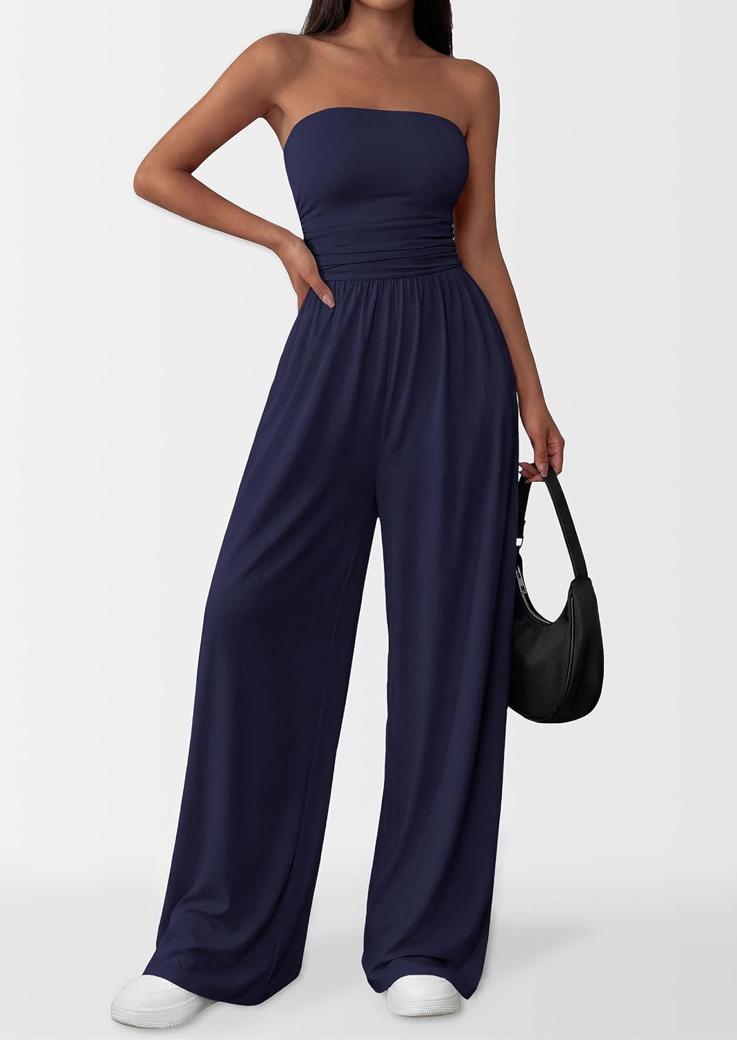 Detalle de PRETTYGARDEN Womens Trendy Strapless Rompers: Ruched Tube Top Wide Leg Jumpsuit