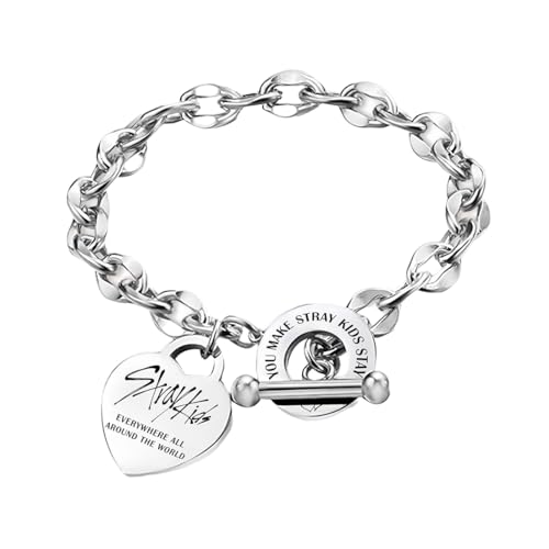 Detalle de DEFGNOP Stray SKZ Bracelet Unisexe en Acier Inoxydable avec Pendentif Coeur, inclus 2 Photocard SKZ et Autocollant