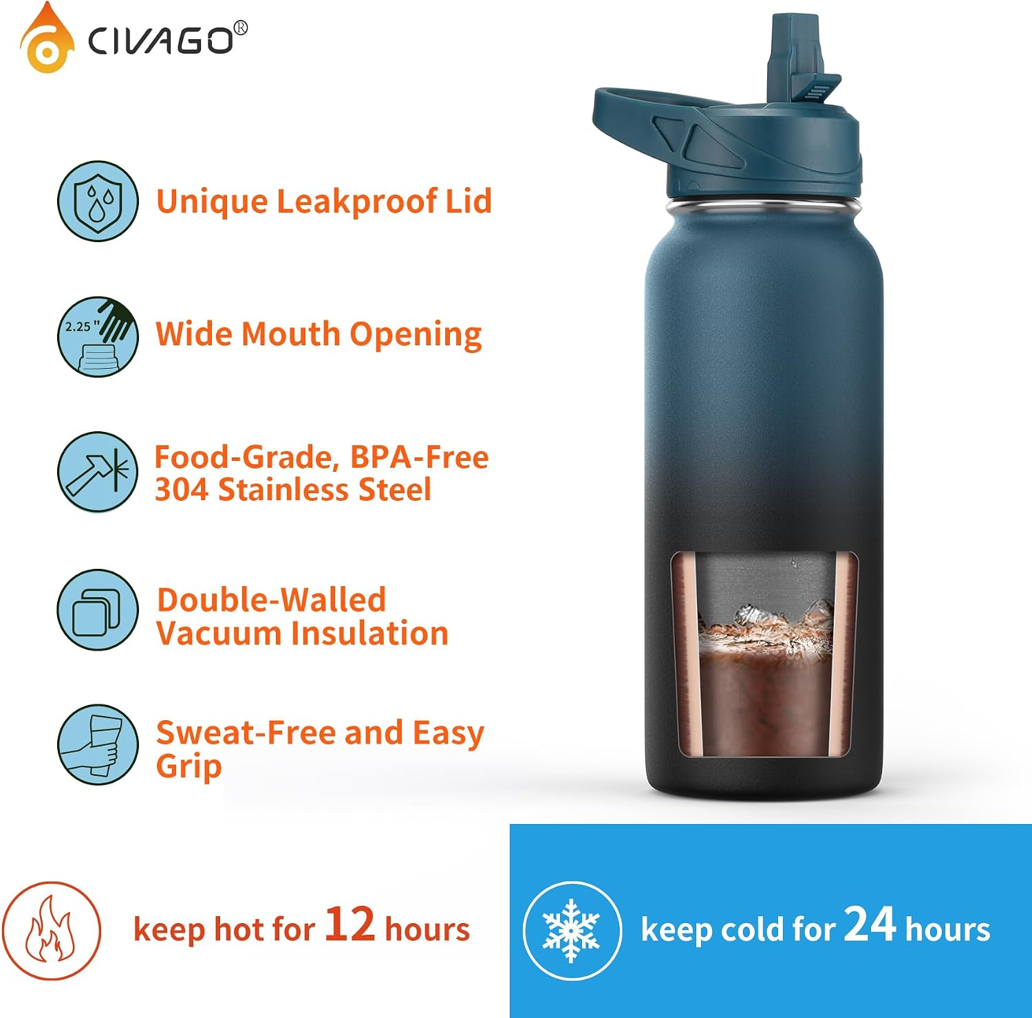 Detalle de CIVAGO 32 oz Insulated Water Bottle 🥤