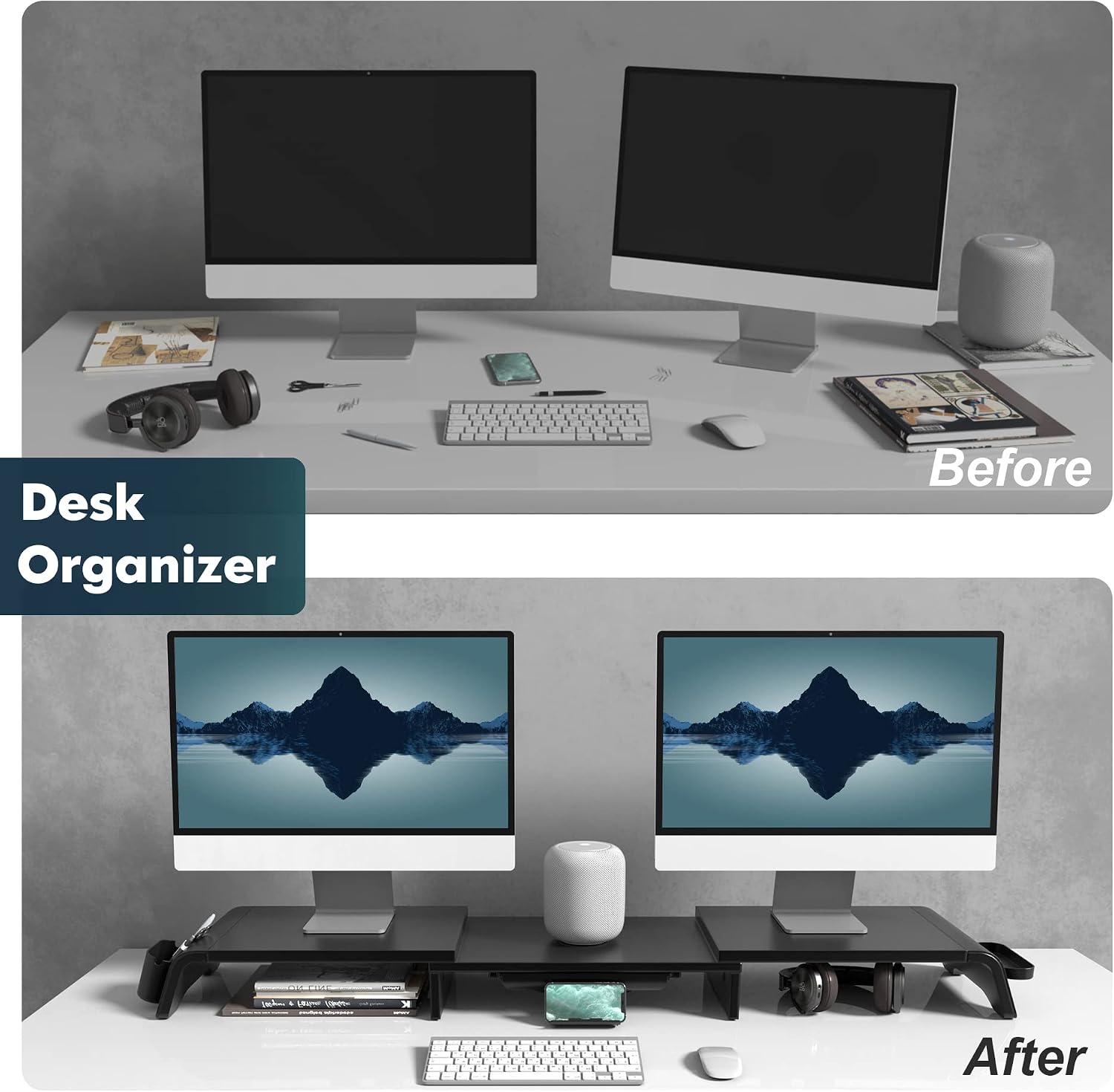 Detalle de Fenge Dual Monitor Stand 119cm Large with Removable Slot Drawer, Adjustable Angle Shelves & Desk Organisation (Black)