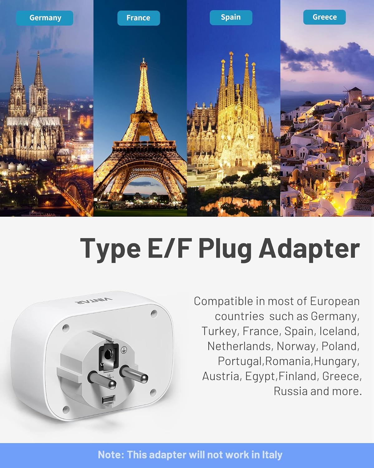 Thumbnail 2 de VINTAR UK to European Plug Adapter with Type E/F and 2 USB-C + USB-A ports