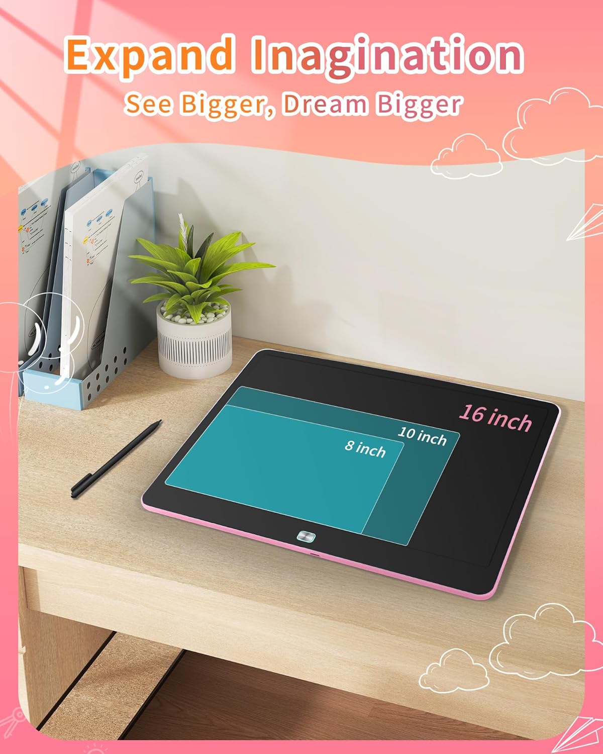Detalle 2 de Rechargeable 16-Inch LCD Writing Tablet for Kids (Pink) – Doodle Board for Ages 3–8