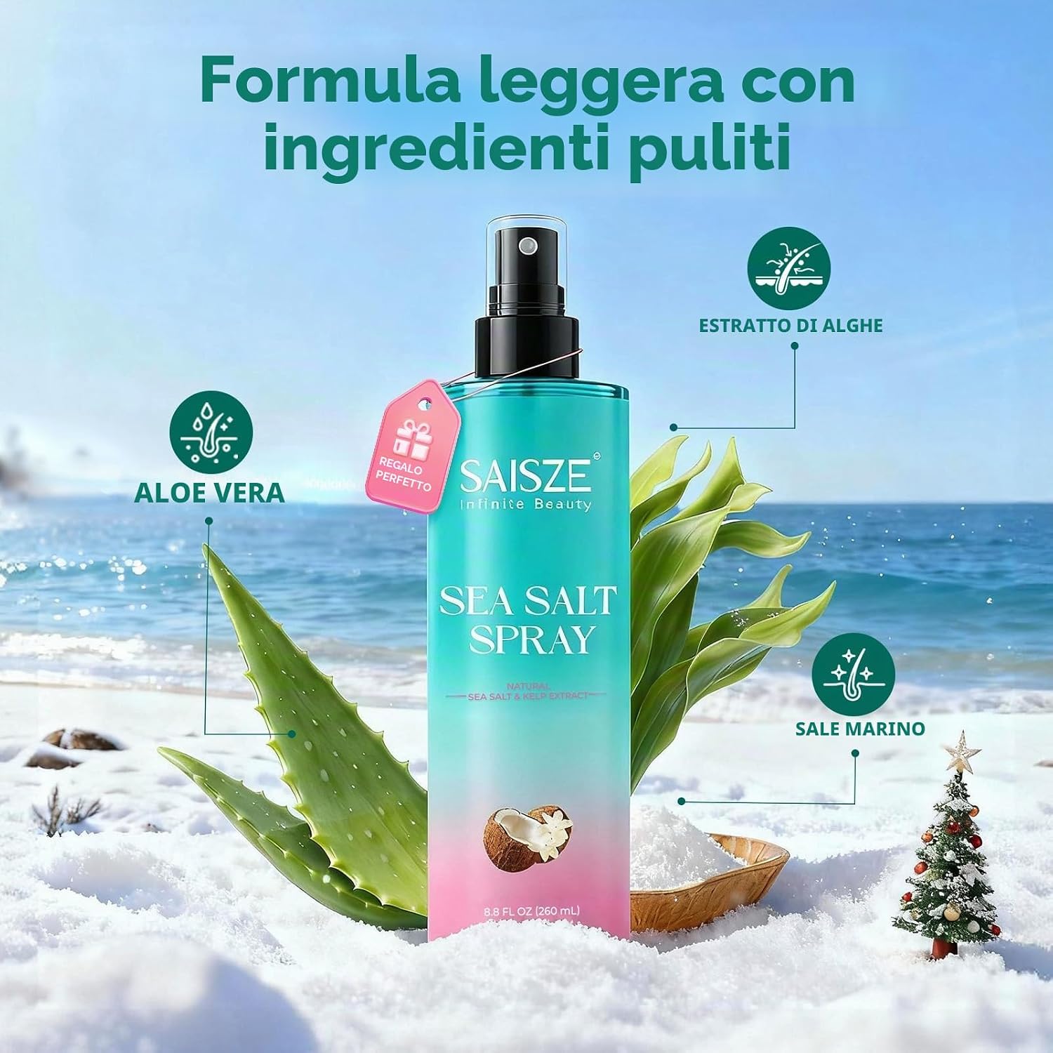 Detalle de SAISZE Spray al sale marino per capelli: viaggio e spiaggia con finish leggero al cocco